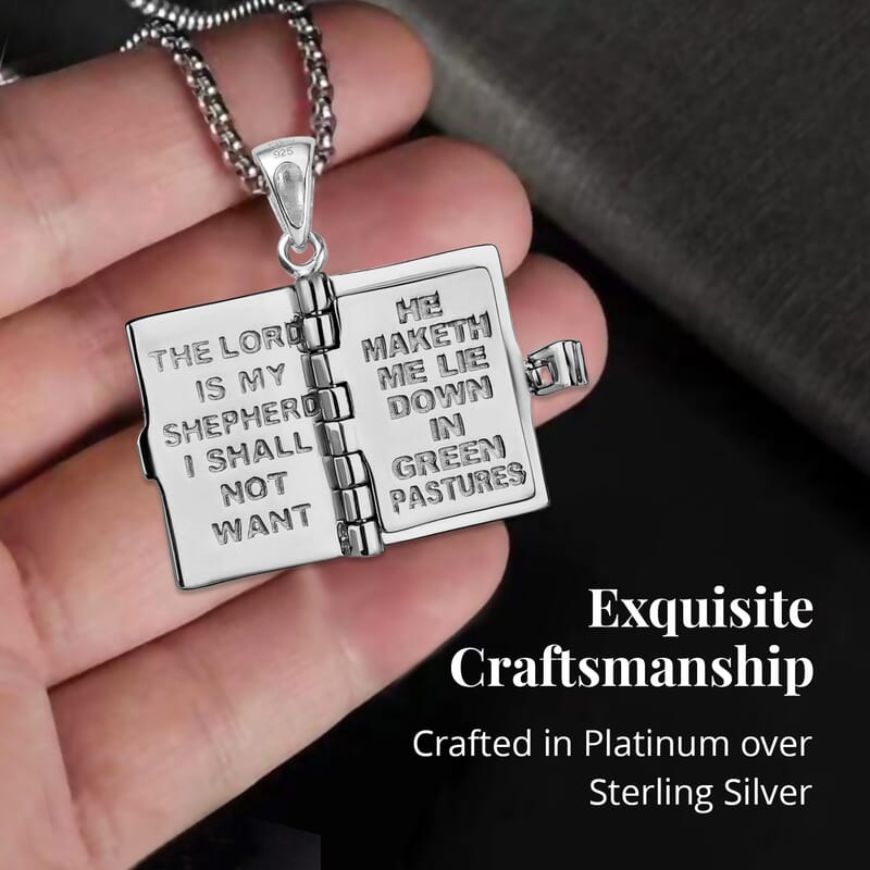 Psalm 23 Bible Pendant Necklace in Platinum Over Sterling Silver, Religious Jewelry For Women 20 Inches