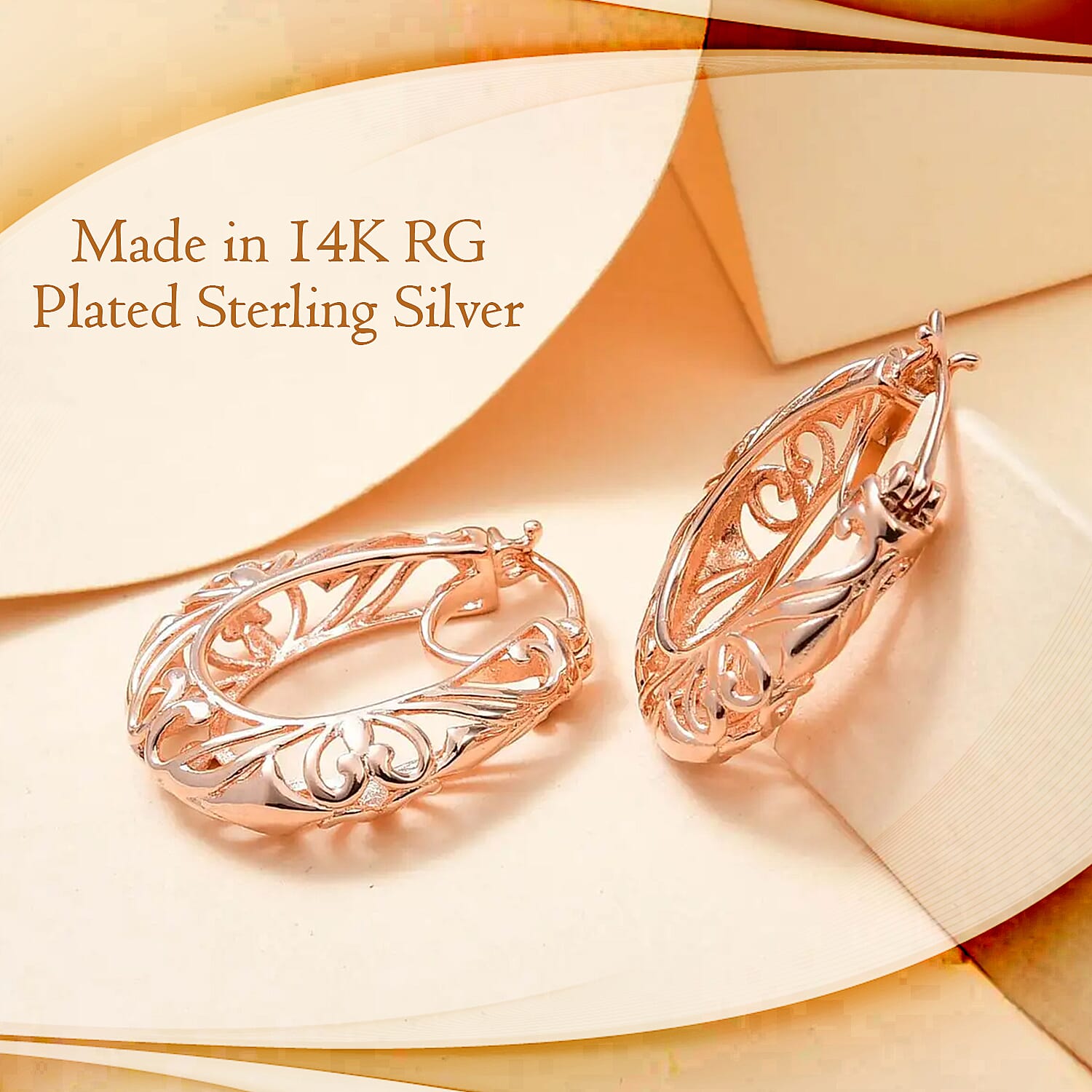 Filigree Round Hoop Earrings in 14K RG Plated Sterling Silver, Open Work Hoops For Women, Heart Earrings, Jewelry Gifts For Women