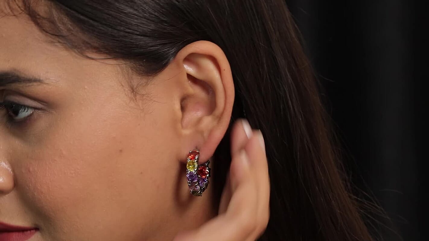 Simulated Multi Color Diamond Inside Out Hugie Hoop Earrings in Stainless Steel