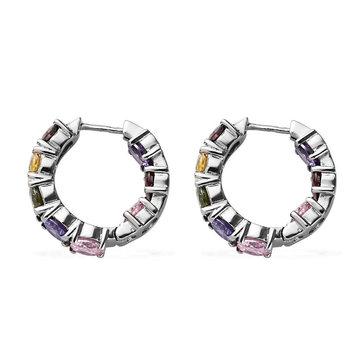 Simulated Multi-Color Diamond Earrings in Stainless Steel, Inside Out Huggie Hoops, Simulated Diamond Jewelry For Women 22.20 ctw image number 3
