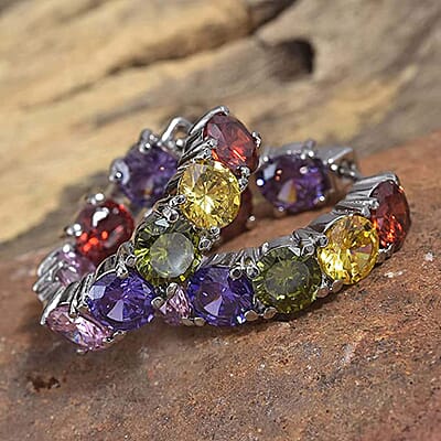 Simulated Multi Color Diamond Inside Out Hoop Earrings in Stainless Steel