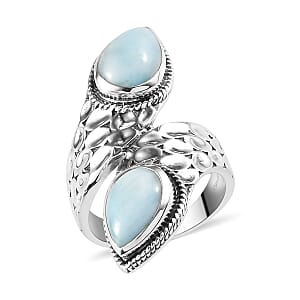 Artisan Crafted Larimar Engraved Bypass Ring in Sterling Silver (Size 10.0) 8 Grams 4.40 ctw