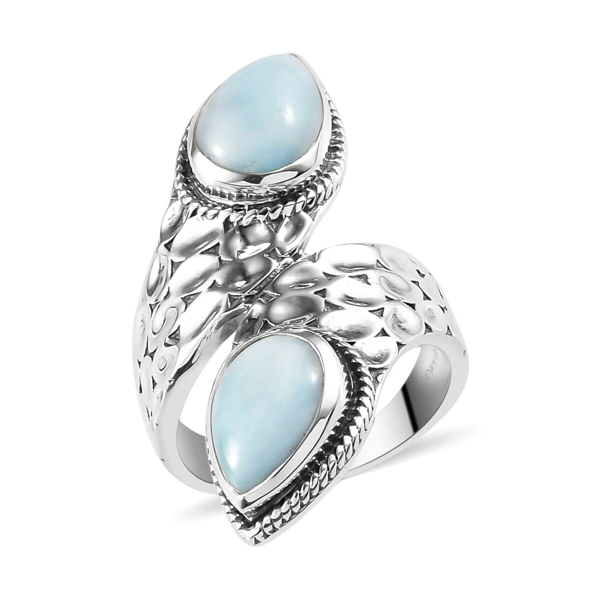 Artisan Crafted Larimar Engraved Bypass Ring in Sterling Silver 8 Grams 4.40 ctw image number 0