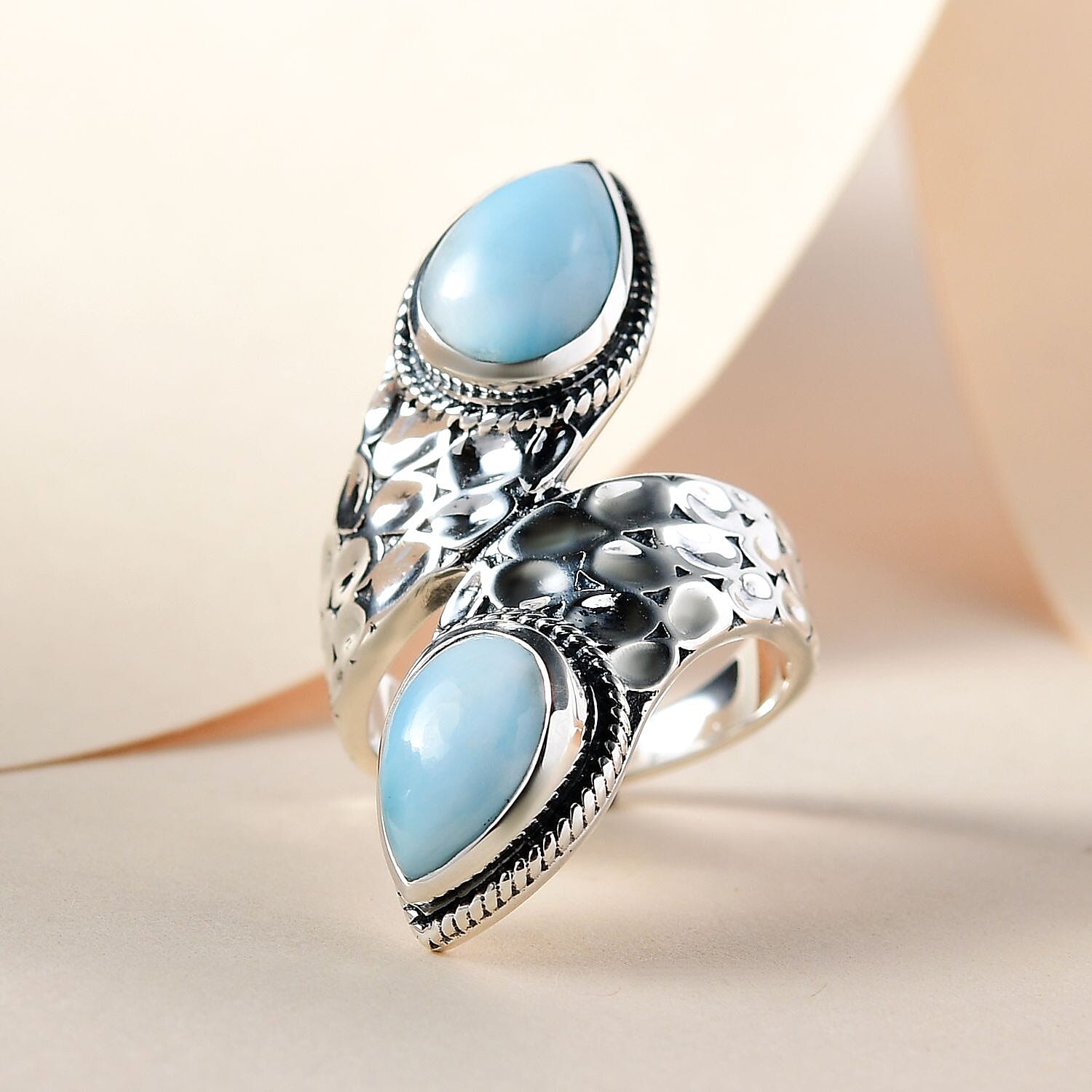 Artisan Crafted Larimar Engraved Bypass Ring in Sterling Silver (Size 10.0) 8 Grams 4.40 ctw