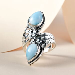 Artisan Crafted Larimar Engraved Bypass Ring in Sterling Silver (Size 10.0) 8 Grams 4.40 ctw