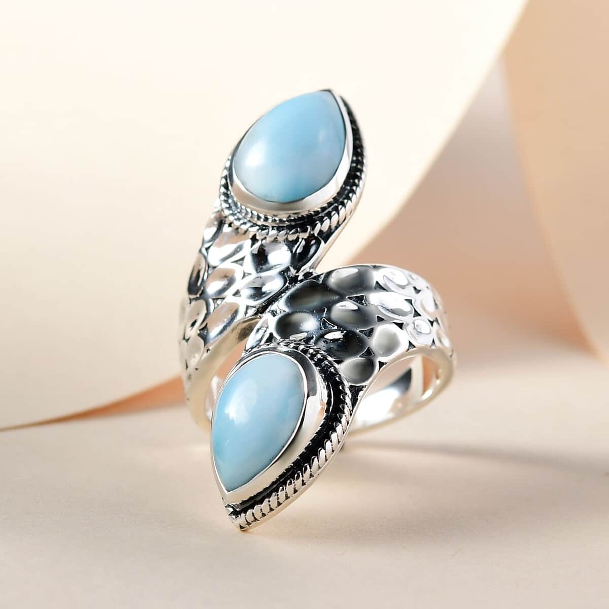 Artisan Crafted Larimar Engraved Bypass Ring in Sterling Silver 8 Grams 4.40 ctw image number 1