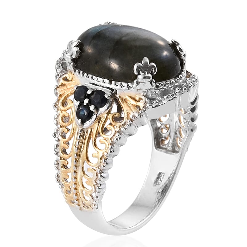 Malagasy Labradorite and Kanchanaburi Blue Sapphire 14K Yellow Gold and Platinum Over Sterling Silver Openwork Ring (Size 8) 10.590 cts
