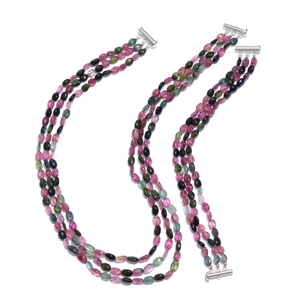 Multi-Tourmaline Beaded Stretch Bracelet and Multi Strand Necklace in Sterling Silver (18.00 In) 317.50 ctw image number 0