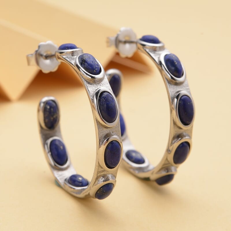 Lapis Lazuli Earrings in Stainless Steel, Inside Out Hoops For Women, Blue Earrings