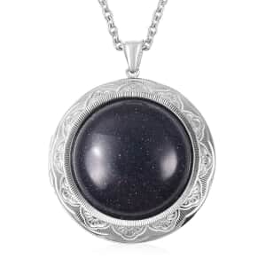 Blue Goldstone Locket Pendant Necklace For Women in Stainless Steel Anniversary Wedding Promise Necklace 24 Inches