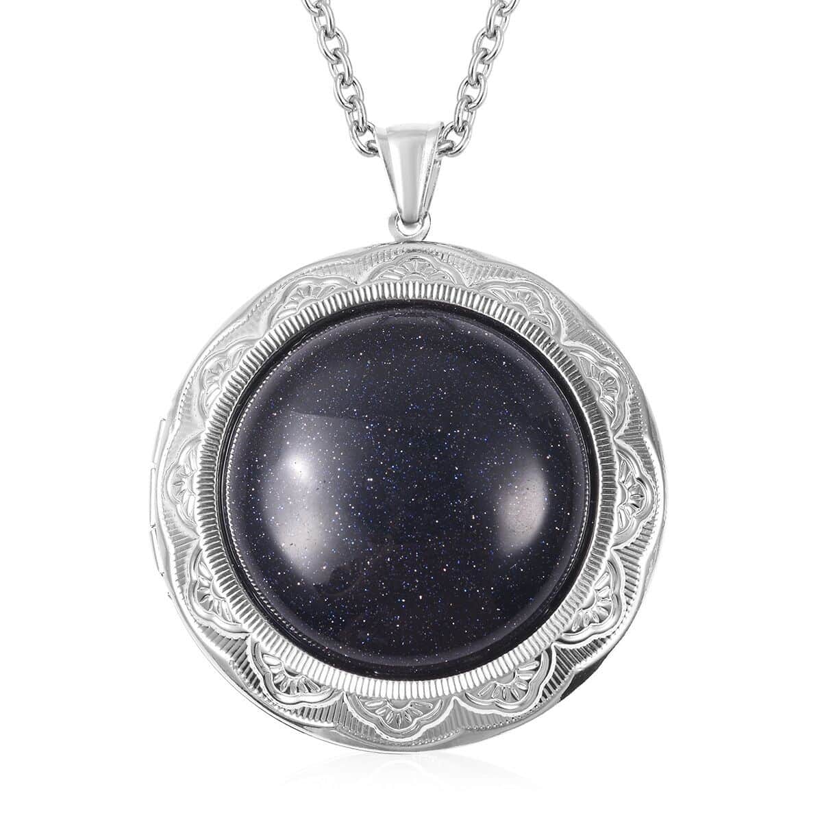 Blue Goldstone Locket Pendant Necklace For Women in Stainless Steel Anniversary Wedding Promise Necklace 24 Inches image number 0