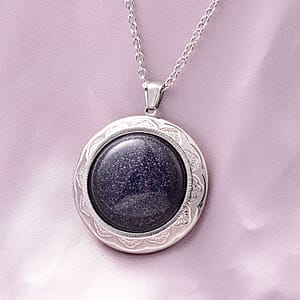 Blue Goldstone Locket Pendant Necklace For Women in Stainless Steel Anniversary Wedding Promise Necklace 24 Inches
