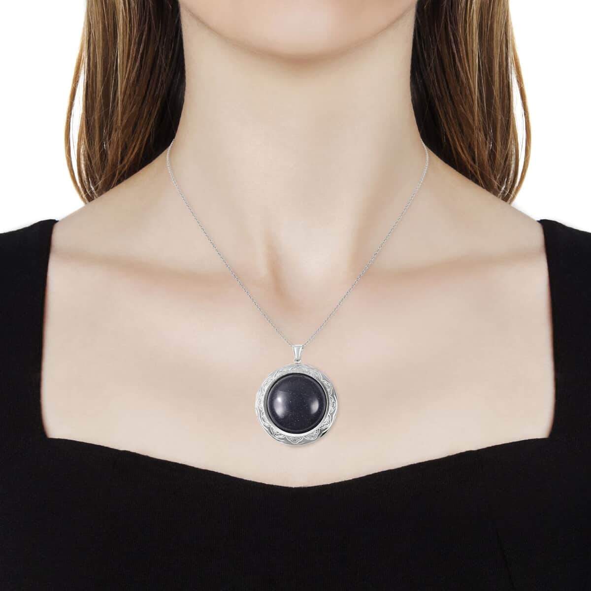 Blue Goldstone Locket Pendant Necklace For Women in Stainless Steel Anniversary Wedding Promise Necklace 24 Inches image number 2