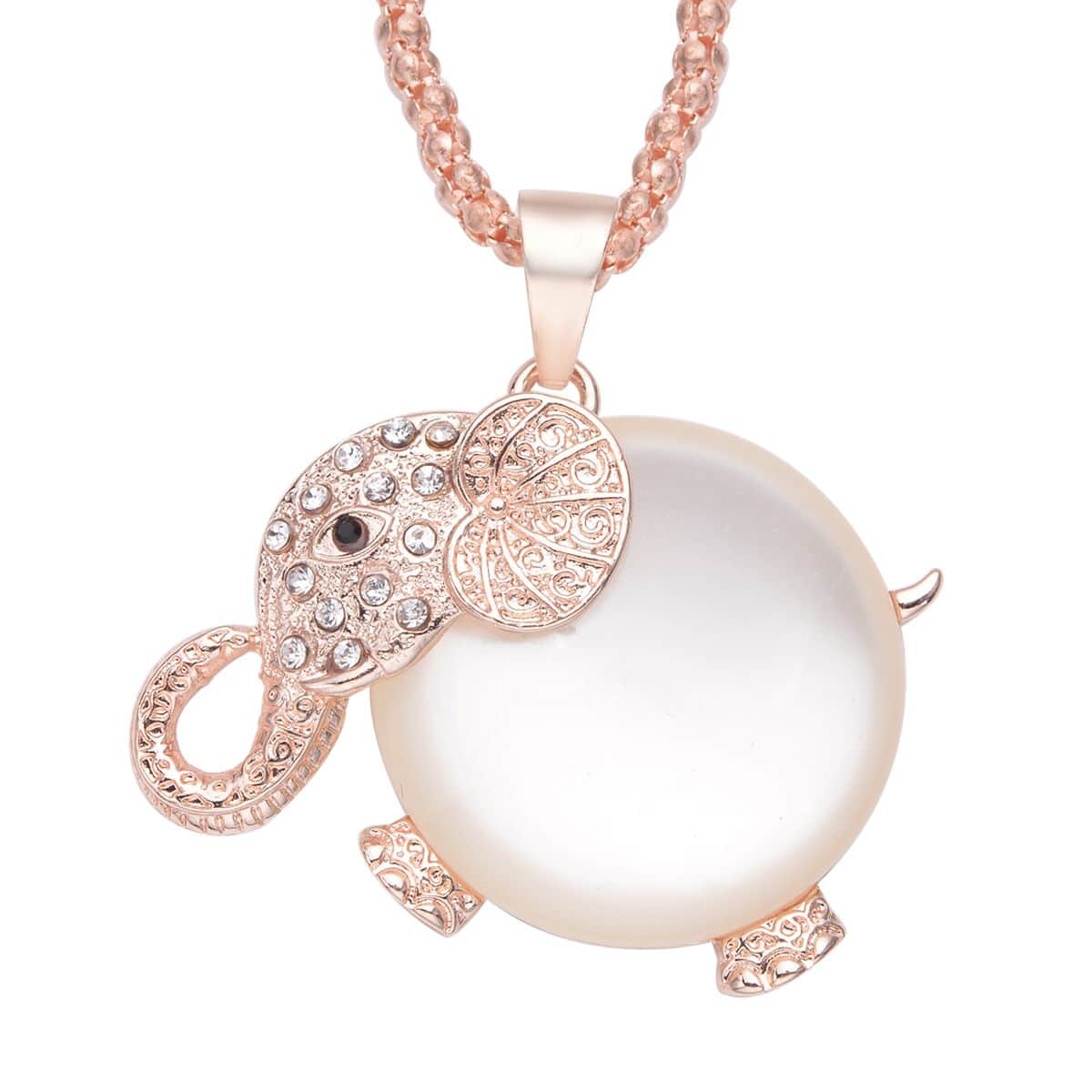 Simulated Cats Eye and Austrian Crystal Elephant Pendant Necklace 32 Inches in Rosetone image number 0