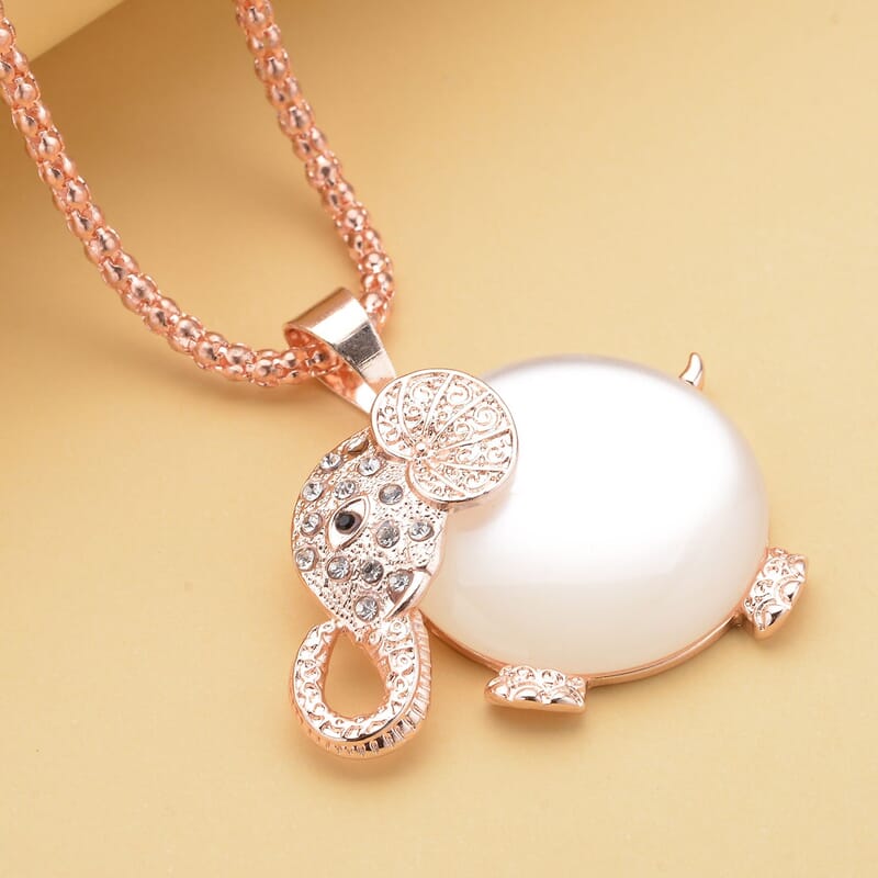 Simulated Cats Eye and Austrian Crystal Elephant Pendant Necklace in Rosetone 32 Inches