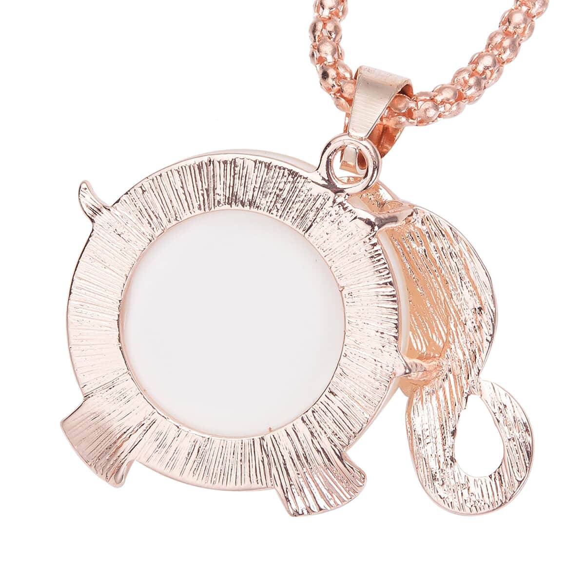 Simulated Cats Eye and Austrian Crystal Elephant Pendant Necklace 32 Inches in Rosetone image number 3