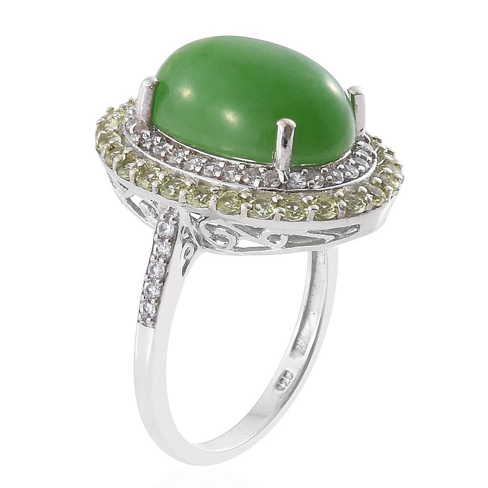 Burmese Green Jade, Hebei Peridot, Cambodian Zircon Platinum Over Sterling Silver Ring (Size 9.0) TGW 13.00 cts.