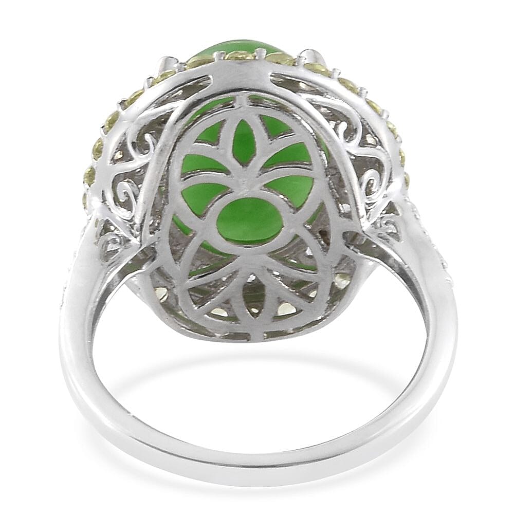 Burmese Green Jade, Hebei Peridot, Cambodian Zircon Platinum Over Sterling Silver Ring (Size 9.0) TGW 13.00 cts.