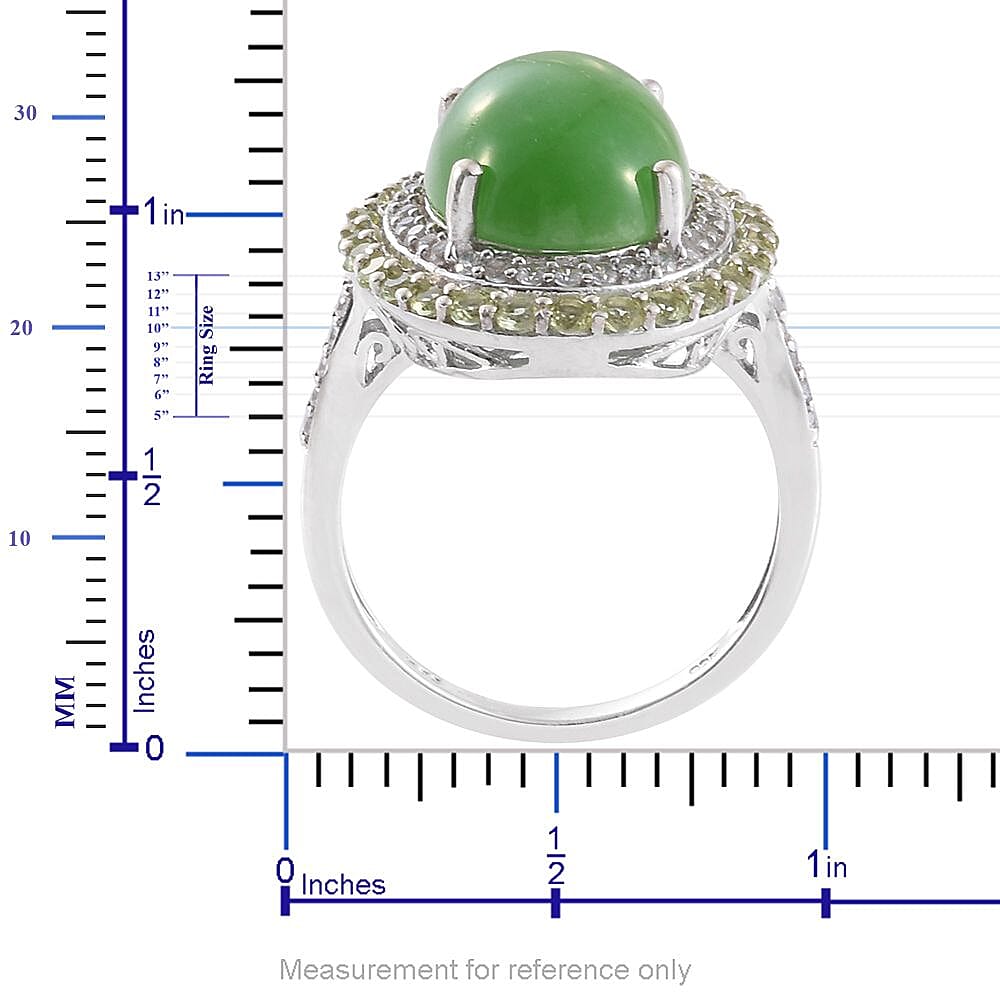 Burmese Green Jade, Hebei Peridot, Cambodian Zircon Platinum Over Sterling Silver Ring (Size 9.0) TGW 13.00 cts.