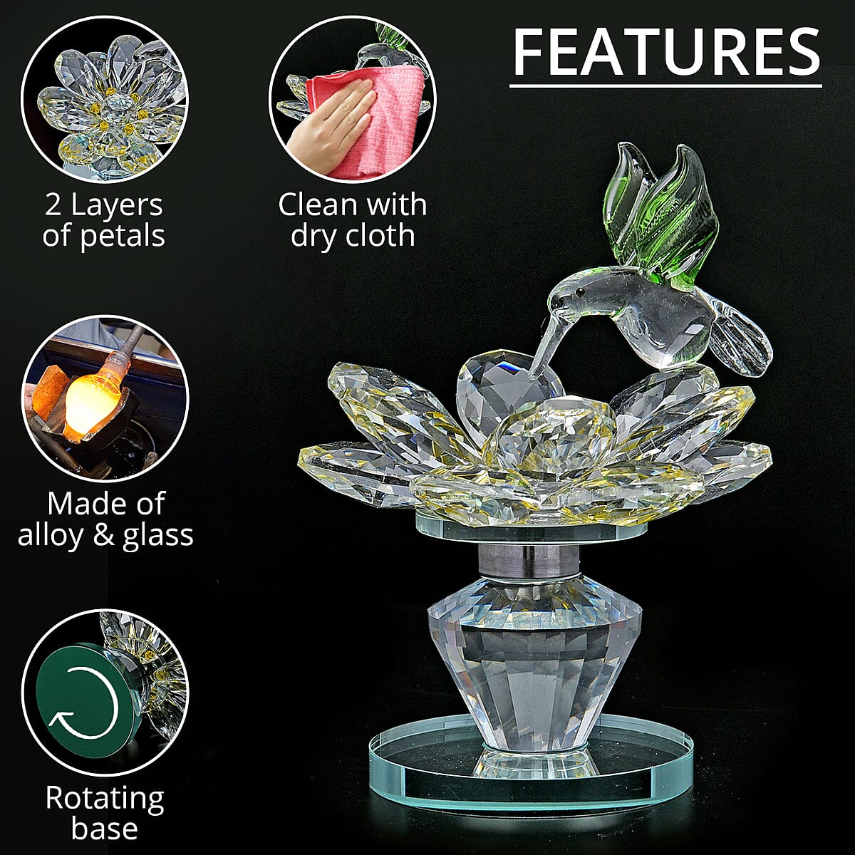 Yellow Glass, Rotatable Crystal Lotus Flower with Hummingbird image number 2