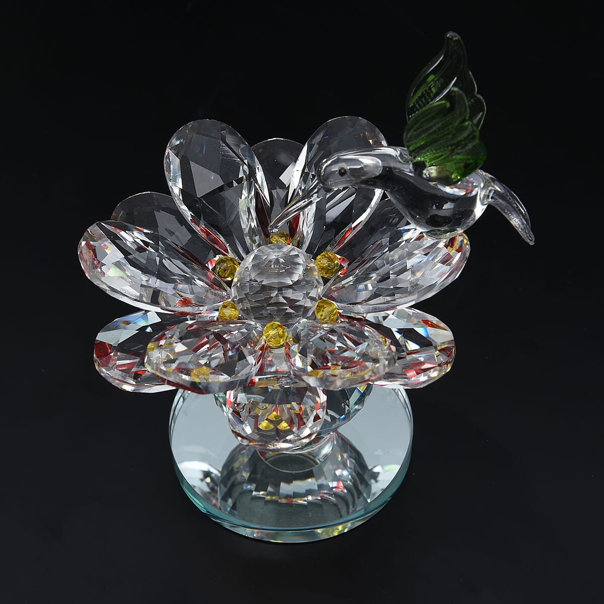 Yellow and Red Glass, Rotatable Crystal Lotus Flower with Hummingbird image number 1