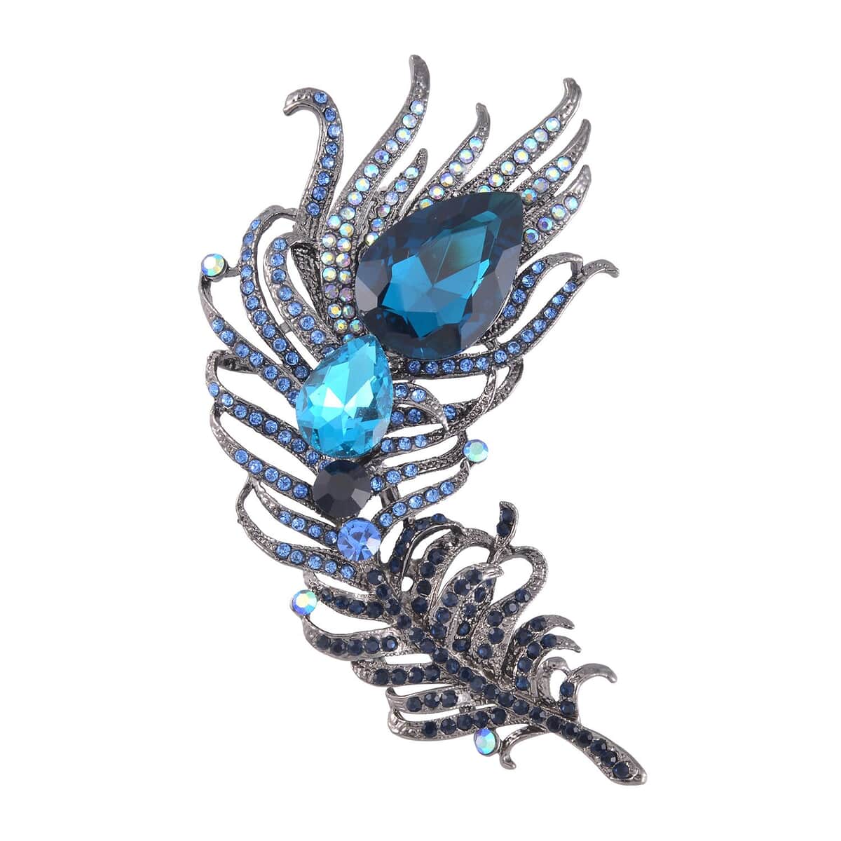 Blue Glass, Blue Austrian Crystal Peacock Feather Brooch in Dark Silvertone image number 0