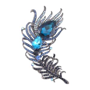 Blue Glass, Blue Austrian Crystal Peacock Feather Brooch in Dark Silvertone