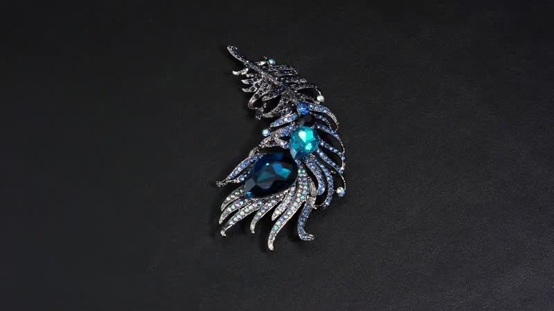 Blue Glass, Blue Austrian Crystal Peacock Feather Brooch in Dark Silvertone