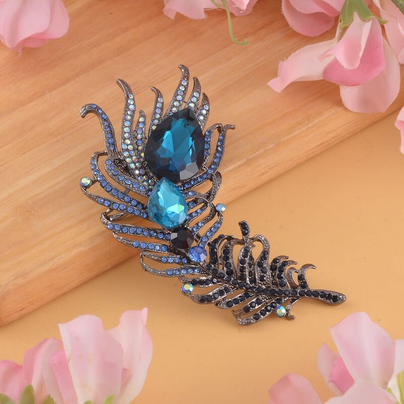 Blue Glass, Blue Austrian Crystal Peacock Feather Brooch in Dark Silvertone