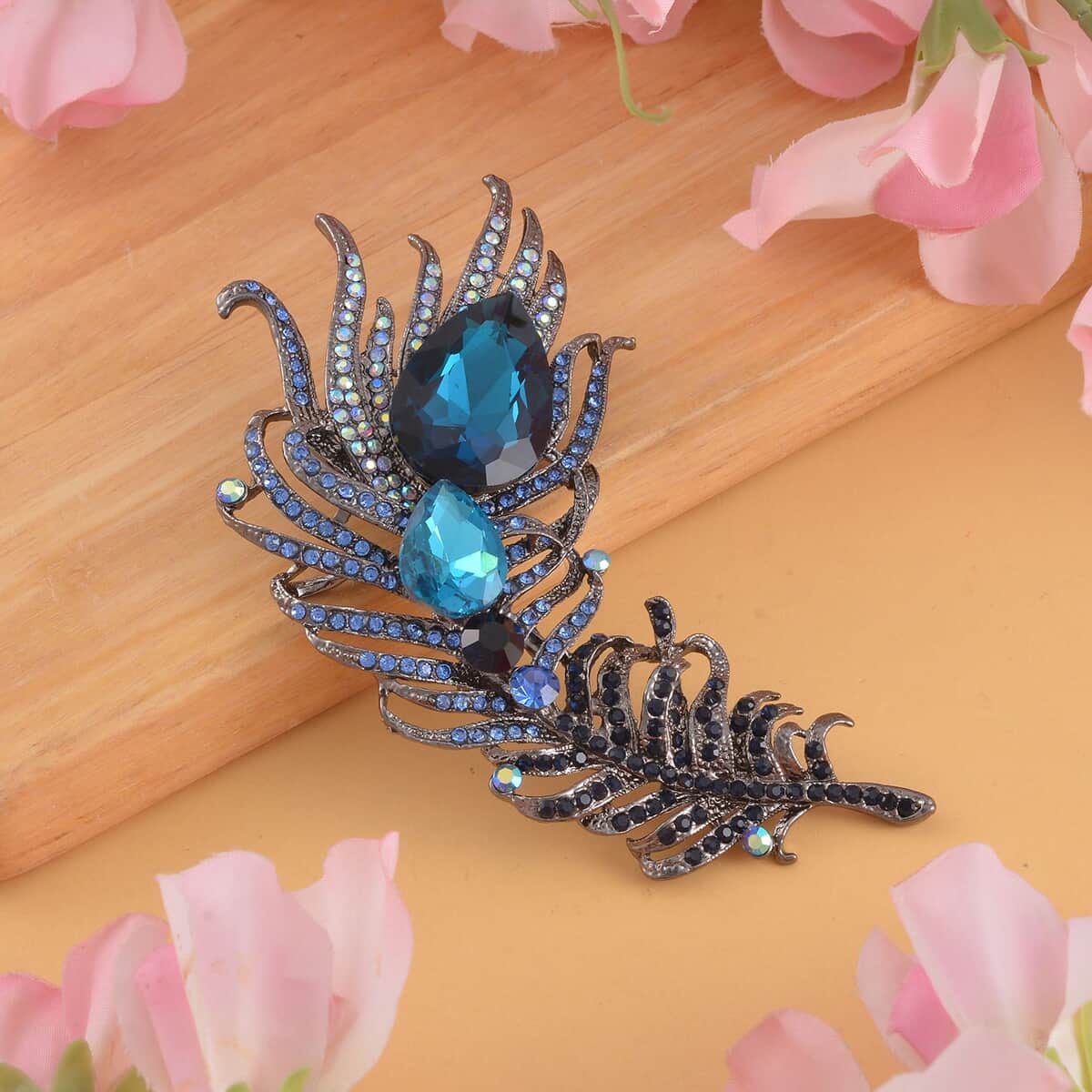 Blue Glass, Blue Austrian Crystal Peacock Feather Brooch in Dark Silvertone image number 1