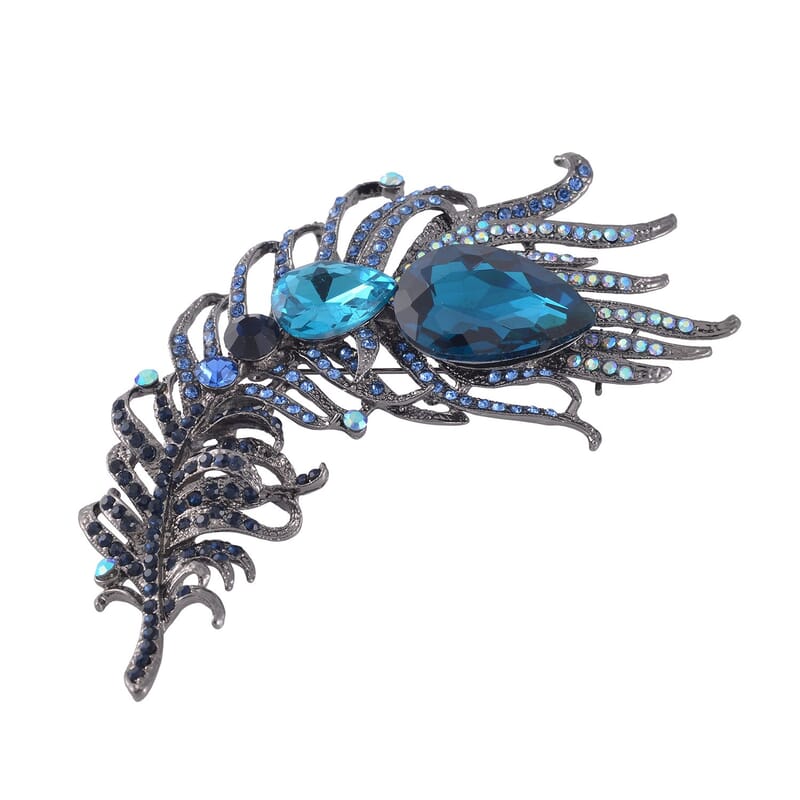 Blue Glass, Blue Austrian Crystal Peacock Feather Brooch in Dark Silvertone