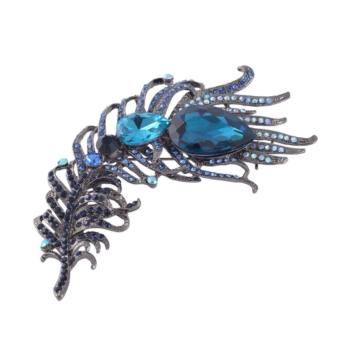 Blue Glass, Blue Austrian Crystal Peacock Feather Brooch in Dark Silvertone image number 2