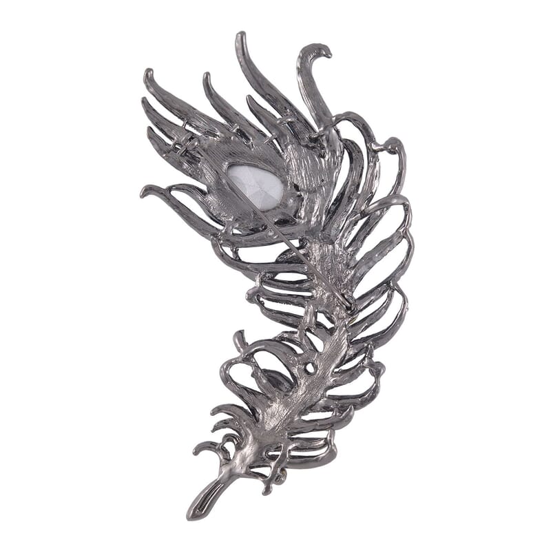 Blue Glass, Blue Austrian Crystal Peacock Feather Brooch in Dark Silvertone