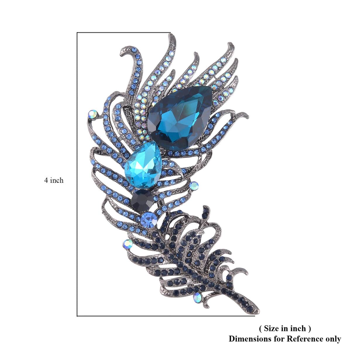 Blue Glass, Blue Austrian Crystal Peacock Feather Brooch in Dark Silvertone image number 4