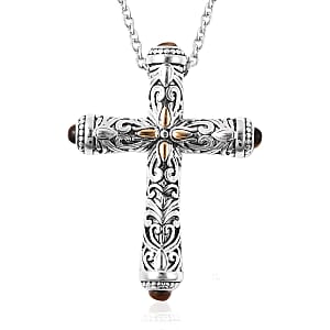 Tiger's Eye  20.00 ctw Cross Pendant Necklace in ION Plated Yellow Gold and Stainless Steel 20 Inches