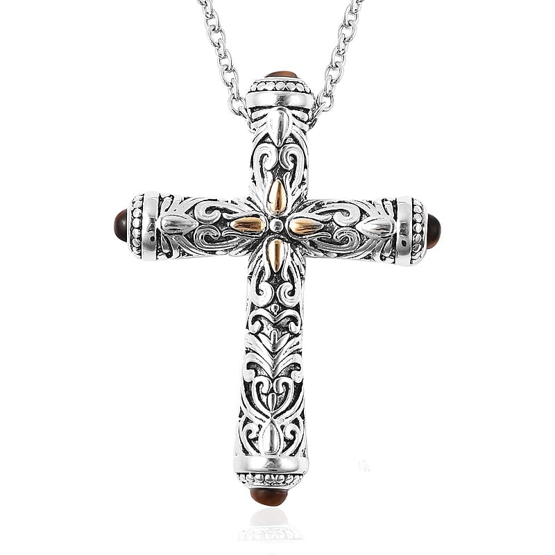 Tiger's Eye  20.00 ctw Cross Pendant Necklace in ION Plated Yellow Gold and Stainless Steel 20 Inches