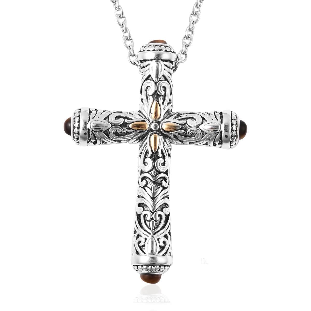 Tiger's Eye Cross Pendant Necklace 20 Inches in ION Plated Yellow Gold and Stainless Steel 20.00 ctw image number 0