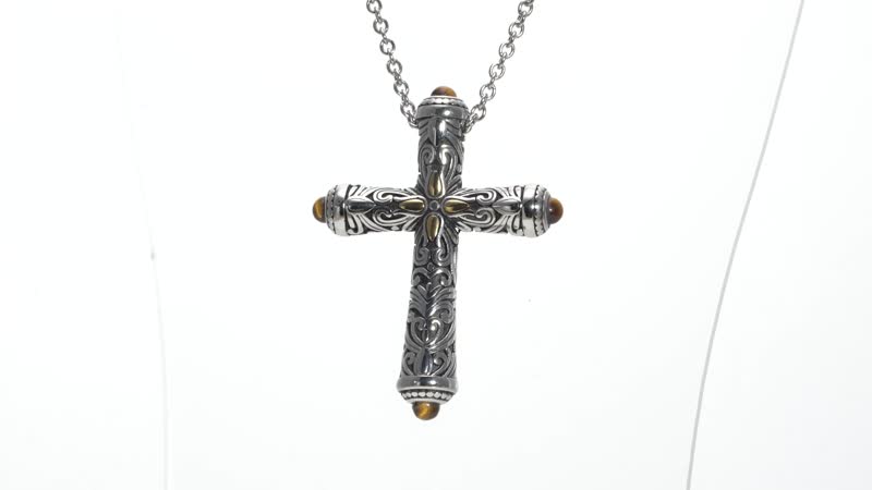20.00 ctw South African Tigers Eye Cross Pendant Necklace 20 inch in ION Plated Yellow Gold and Stainless Steel