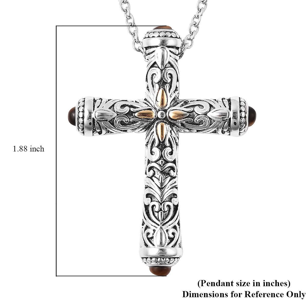 Tiger's Eye  20.00 ctw Cross Pendant Necklace in ION Plated Yellow Gold and Stainless Steel 20 Inches