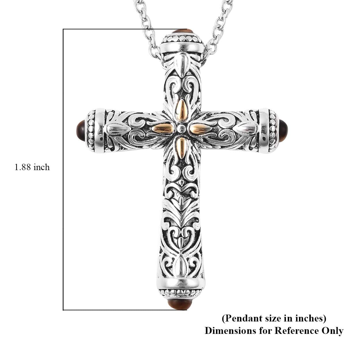 Tiger's Eye Cross Pendant Necklace 20 Inches in ION Plated Yellow Gold and Stainless Steel 20.00 ctw image number 4