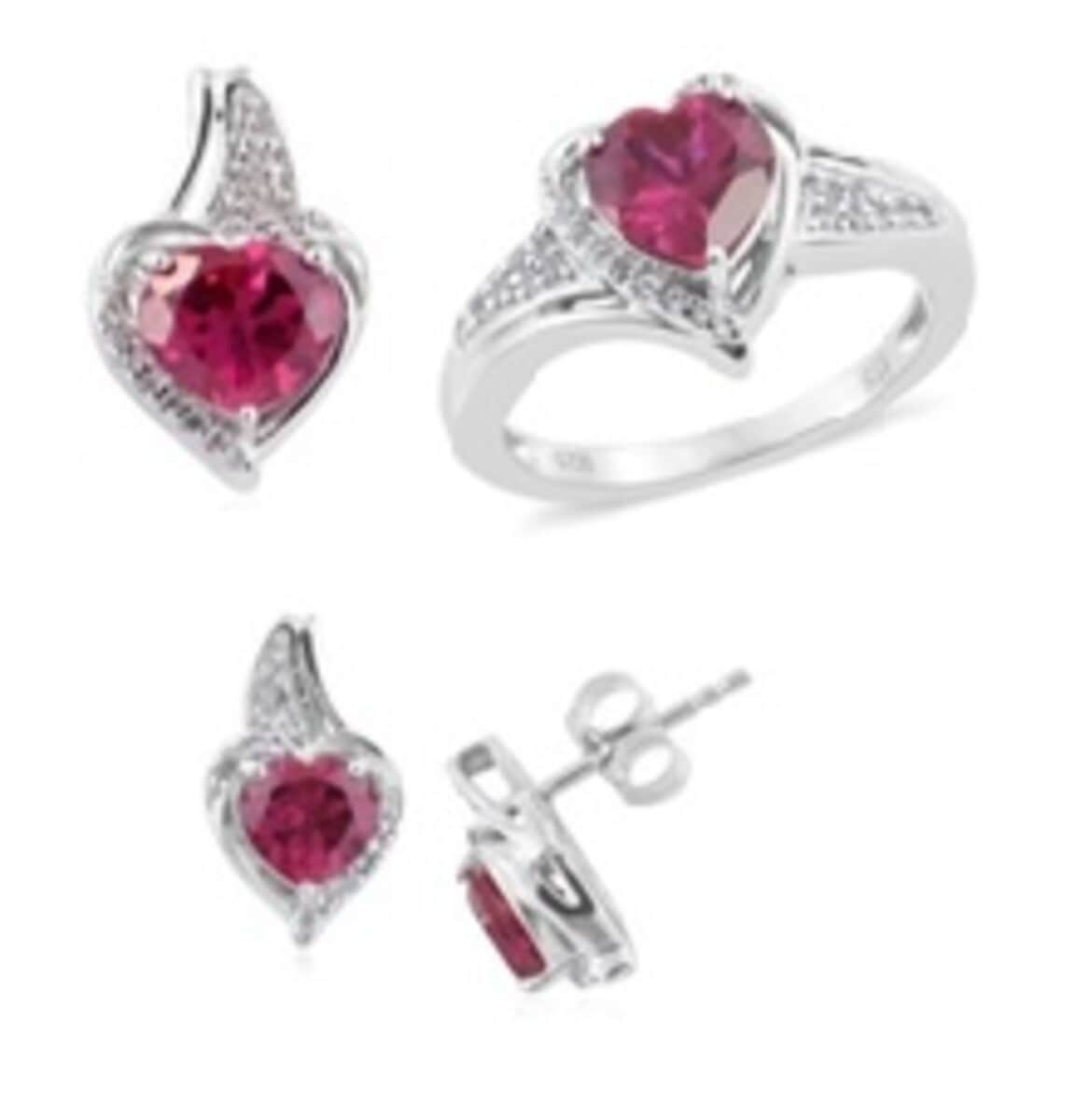 Lab Created Ruby and Lab Created White Sapphire Earrings, Ring Size 7 and Pendant in Sterling Silver 7.10 Grams image number 0