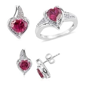 Lab Created Ruby and Lab Created White Sapphire Earrings, Ring Size 7 and Pendant without Chain in Sterling Silver 7.10 Grams