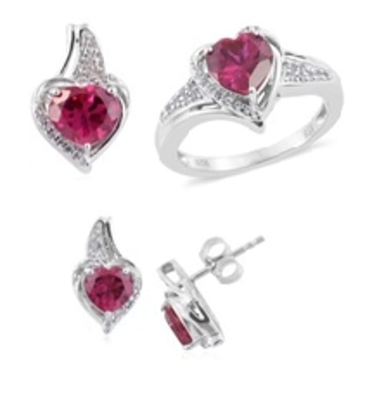 Lab Created Ruby and Lab Created White Sapphire Earrings, Ring Size 7 and Pendant without Chain in Sterling Silver 7.10 Grams