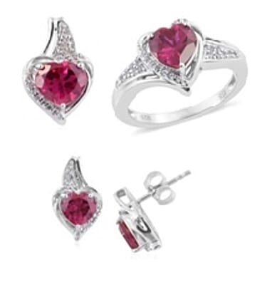 Lab Created Ruby and Lab Created White Sapphire Earrings, Ring Size 7 and Pendant without Chain in Sterling Silver 7.10 Grams