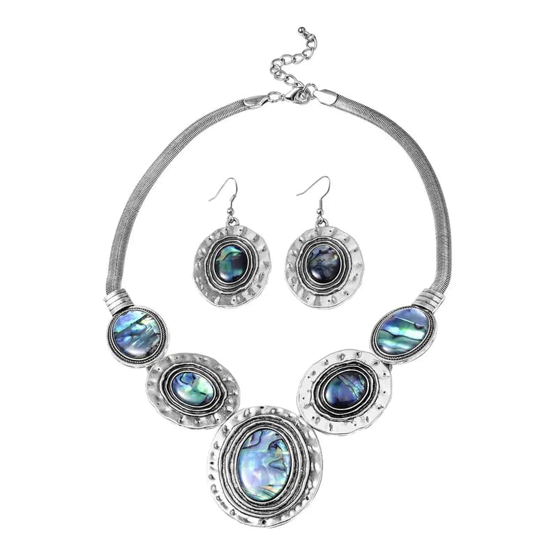 Abalone Shell Dangle Earrings Necklace in Silvertone Stainless Steel, Abalone Shell Jewelry Set, Beach Fashion Jewelry For Women
