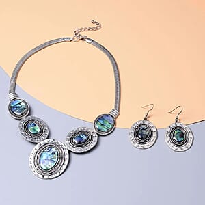 Abalone Shell Dangle Earrings Necklace in Silvertone Stainless Steel, Abalone Shell Jewelry Set, Beach Fashion Jewelry For Women