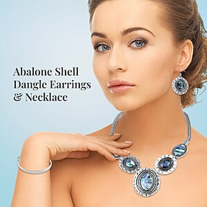 Abalone Shell Dangle Earrings Necklace in Silvertone Stainless Steel, Abalone Shell Jewelry Set, Beach Fashion Jewelry For Women