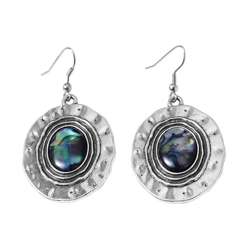 Abalone Shell Dangle Earrings Necklace in Silvertone Stainless Steel, Abalone Shell Jewelry Set, Beach Fashion Jewelry For Women