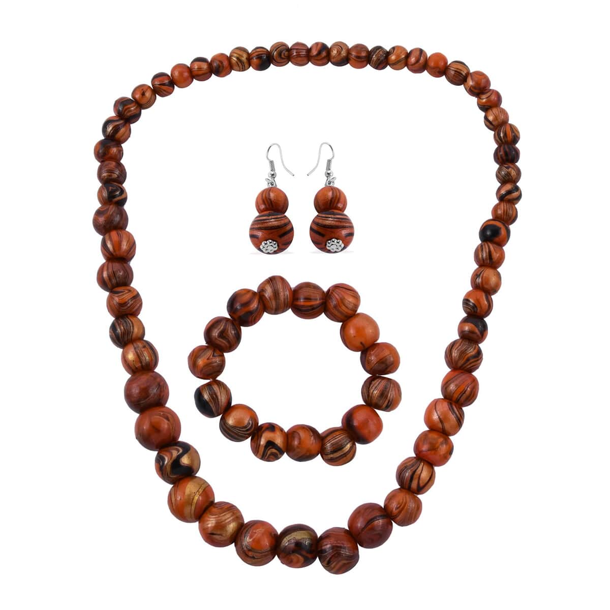 Orange Wooden Bead Necklace Stretch Bracelet Dangle Earrings in Silvertone, Bead Jewelry For Women 28 Inches image number 0