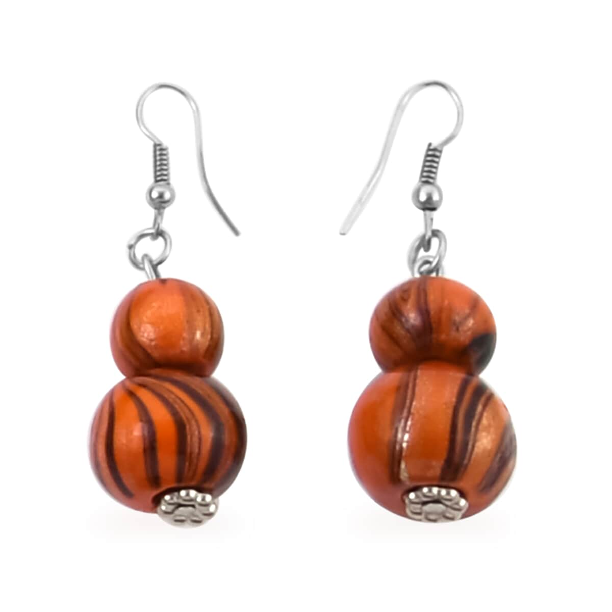 Orange Wooden Bead Necklace Stretch Bracelet Dangle Earrings in Silvertone, Bead Jewelry For Women 28 Inches image number 6
